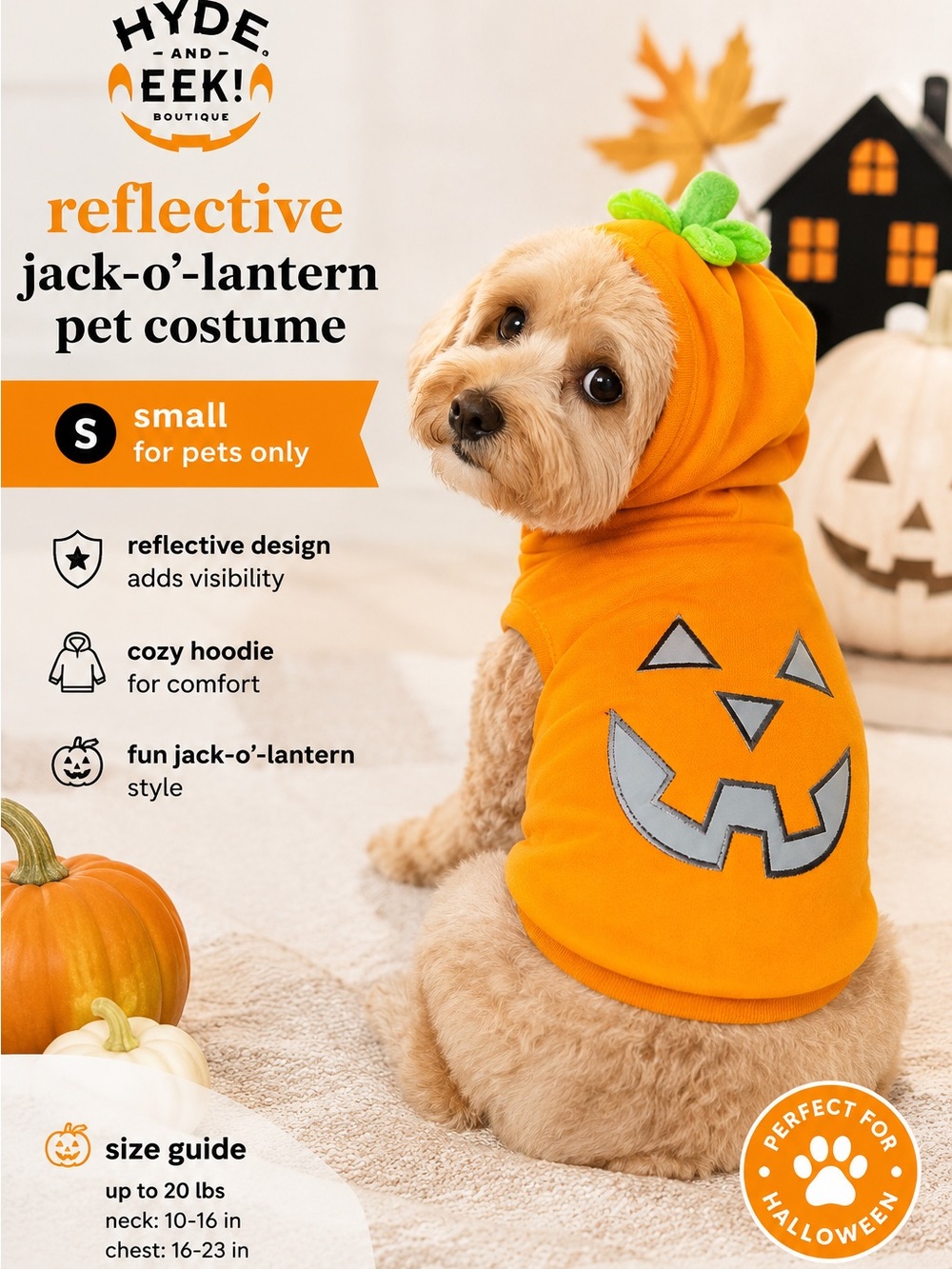 Hyde and Eek! Reflective Orange Jack-O'-Lantern Dog Hoodie - Small